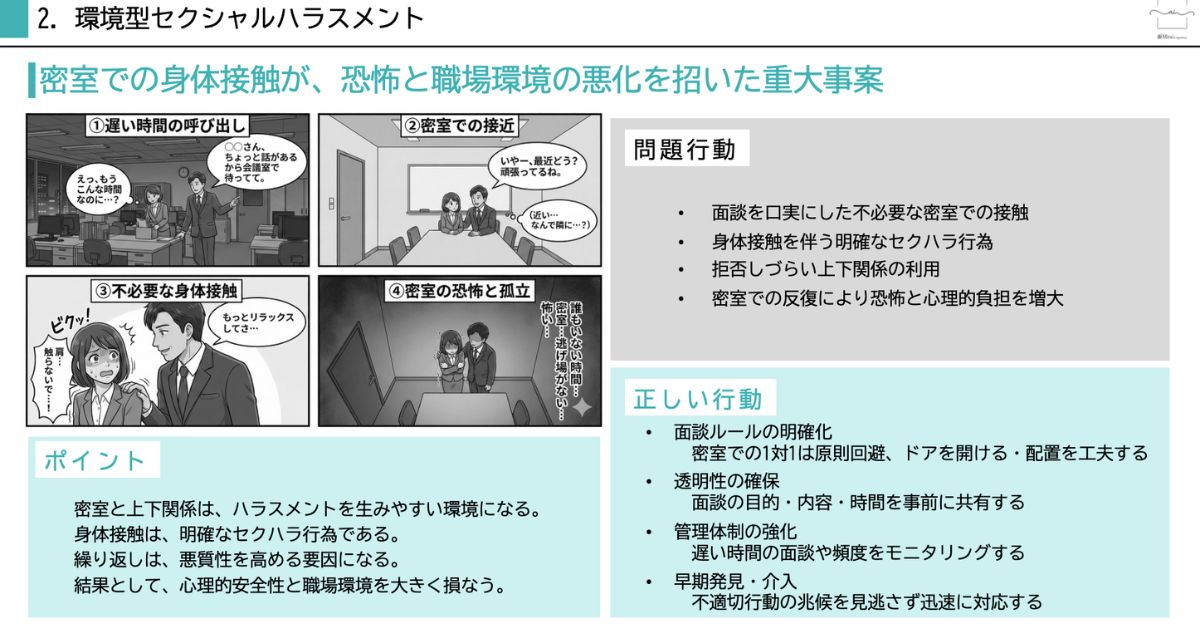 職場で起こるセクハラ事例。上司と女性社員が密室の会議室で面談。身体接触が、恐怖と職場環境の悪化を招いた重大事案